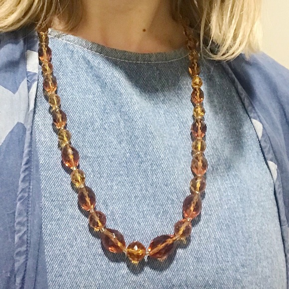 Vintage 20s Amber Color Glass Beaded Necklace - Picture 3 of 8